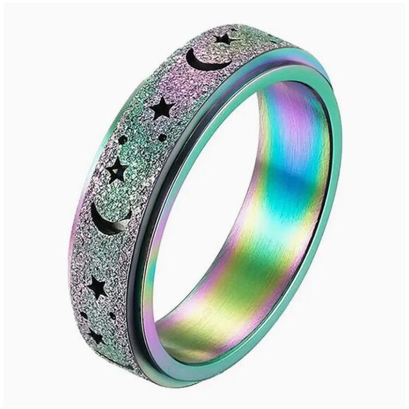 NWT Hot Topic Stainless Steel Rotatable Moon and Stars Ring sz 8 - Picture 1 of 1